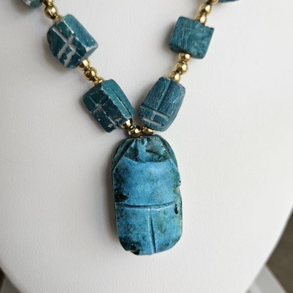 Vintage Scarab Necklace Egyptian Revival Beaded Blue Beetle Glazed Ceramic 28-in - Picture 5 of 13